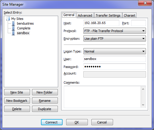 FileZilla Site Manager